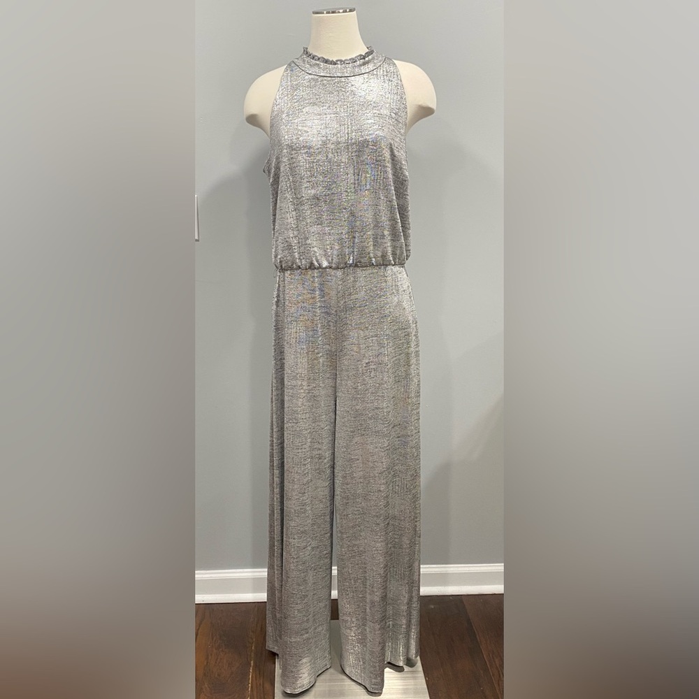 Vince Camuto Silver Metallic Wide Leg Ruffle Neck Sleeveless Jumpsuit Women's 14